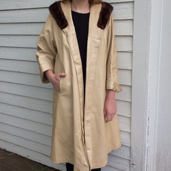 Open Front Leather Coat 60s Champagne Ivory Pleather Fur Trim Midcentury - Picture 3 of 8